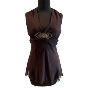 Cache Brown Ruched Plunging V Beaded Encrusted Halter Top M/L New Lined NWT $88